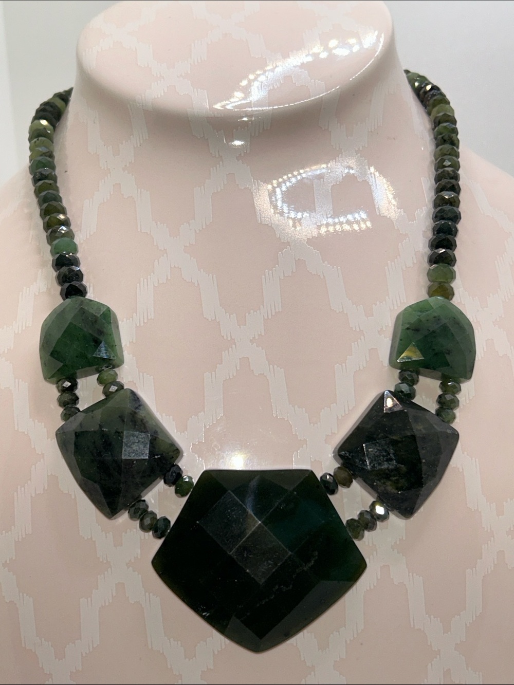 Jay King Dark Green Faceted Nephrite Jade Statement Necklace 925 Clasp